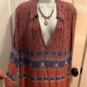 Free People Changing Times Printed Blouse, Bohemian V-Neck Top w/collar. XL